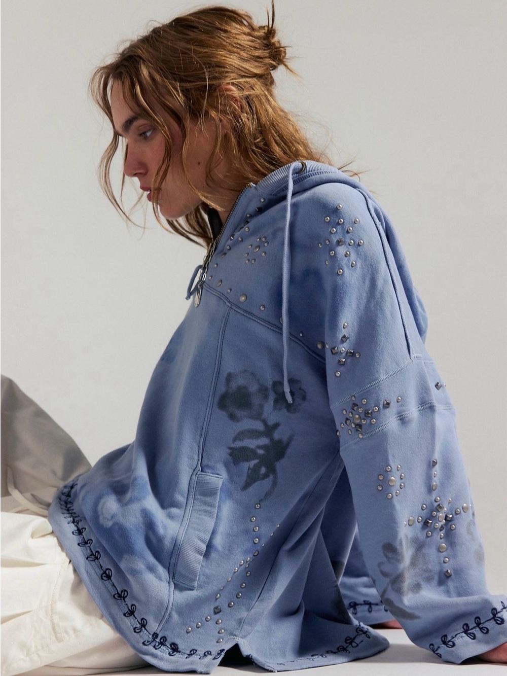 Free People Silver Half Zip Hoodie We The Free Studded Embroidered Indigo - Picture 2 of 5